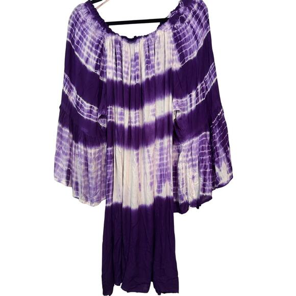 NWT Tye-dyed purple & white swim cover, tunic or dress flayed bell sleeves - Picture 2 of 7
